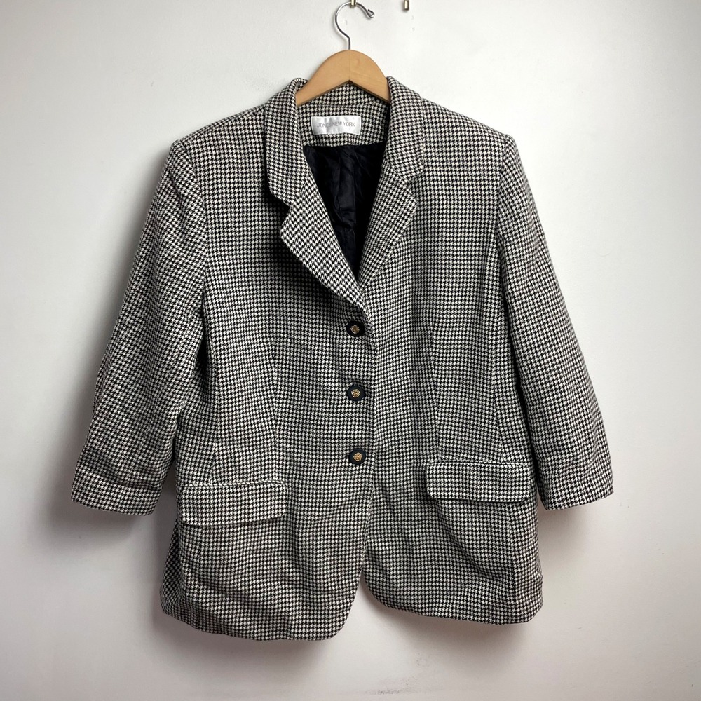Jones New York Houndstooth Wool Blazer XL Black White Old Money Office Jacket